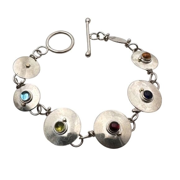 Sterling Silver Womens Bracelet Hallmarked Mid Century Multigemstone Multicolor - Picture 1 of 3